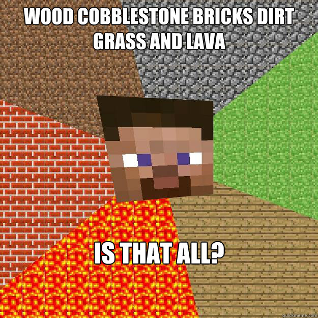 wood cobblestone bricks dirt grass and lava is that all? - wood cobblestone bricks dirt grass and lava is that all?  Minecraft