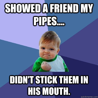 showed a friend my pipes.... didn't stick them in his mouth. - showed a friend my pipes.... didn't stick them in his mouth.  Success Kid