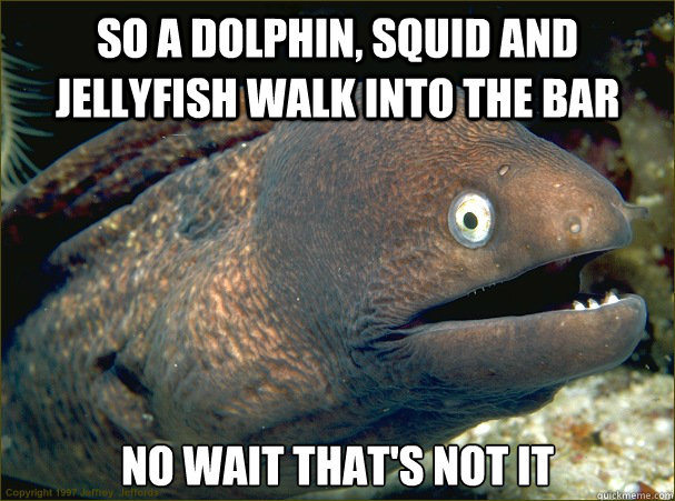 So a dolphin, Squid and Jellyfish walk into the bar No wait that's not it  Bad Joke Eel