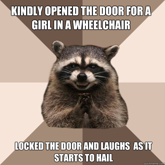 kindly opened the door for a girl in a wheelchair locked the door and laughs  as it starts to hail  Evil Plotting Raccoon