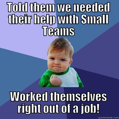 Small Teams - TOLD THEM WE NEEDED THEIR HELP WITH SMALL TEAMS WORKED THEMSELVES RIGHT OUT OF A JOB! Success Kid