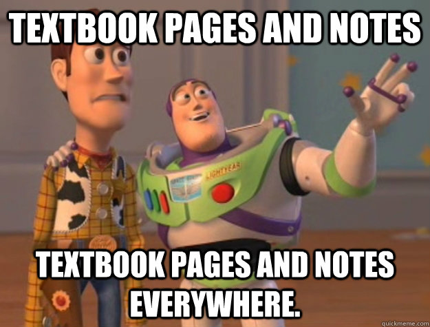 Textbook pages and notes Textbook pages and notes everywhere.  Buzz Lightyear