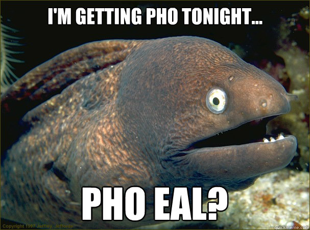 I'm getting Pho tonight... Pho eal?  Bad Joke Eel