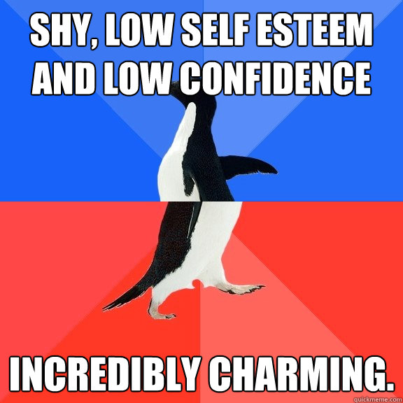 Shy, low self esteem and low confidence incredibly charming.  Socially Awkward Awesome Penguin