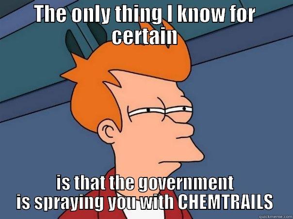 THE ONLY THING I KNOW FOR CERTAIN IS THAT THE GOVERNMENT IS SPRAYING YOU WITH CHEMTRAILS Futurama Fry