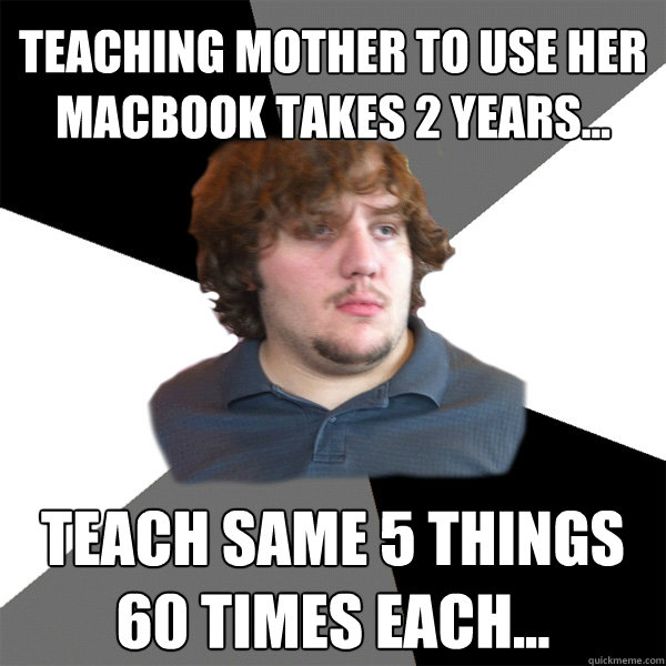 Teaching mother to use her Macbook takes 2 years... Teach same 5 things 60 times each...  Family Tech Support Guy