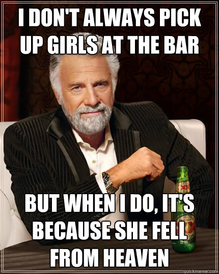 I don't always pick up girls at the bar but when I do, it's because she fell from heaven  The Most Interesting Man In The World