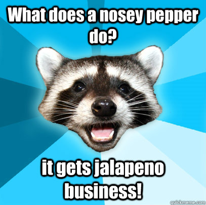 What does a nosey pepper do? it gets jalapeno business! - What does a nosey pepper do? it gets jalapeno business!  Lame Pun Coon