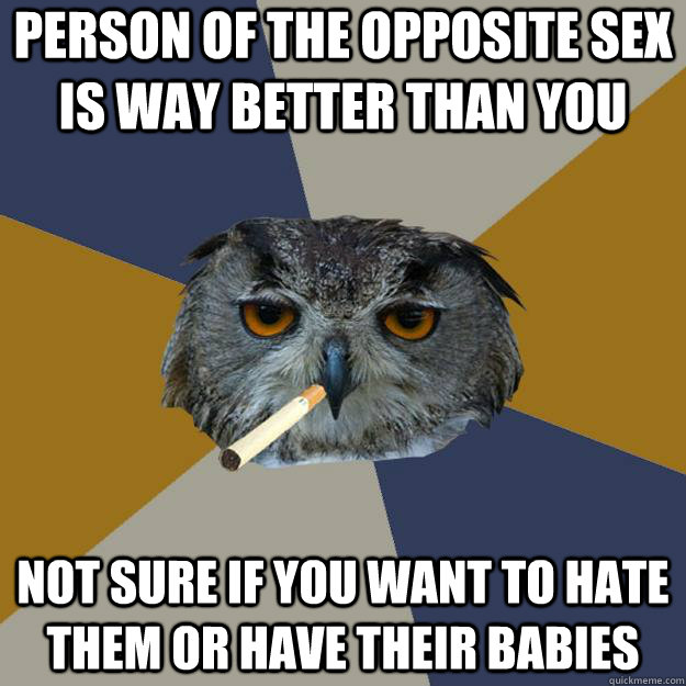 person of the opposite sex is way better than you  not sure if you want to hate them or have their babies - person of the opposite sex is way better than you  not sure if you want to hate them or have their babies  Art Student Owl