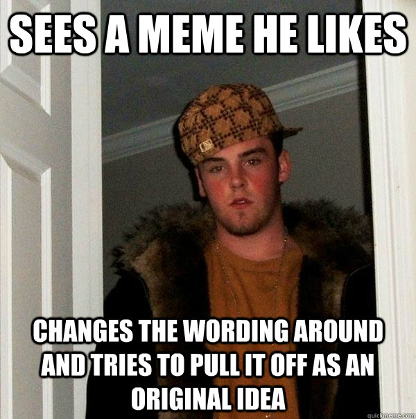 sees a meme he likes changes the wording around  and tries to pull it off as an original idea  Scumbag Steve