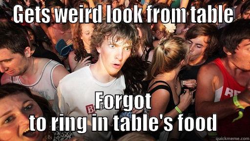 GETS WEIRD LOOK FROM TABLE FORGOT TO RING IN TABLE'S FOOD Sudden Clarity Clarence