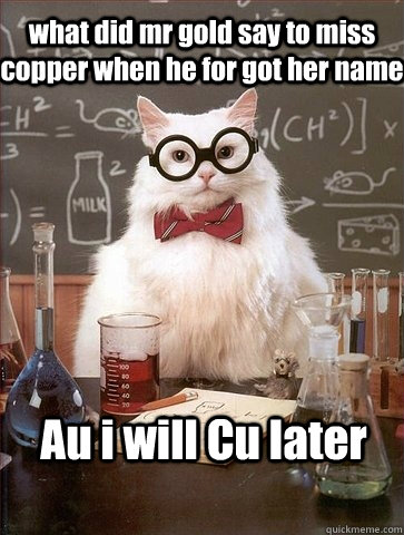 what did mr gold say to miss copper when he for got her name Au i will Cu later - what did mr gold say to miss copper when he for got her name Au i will Cu later  Chemistry Cat