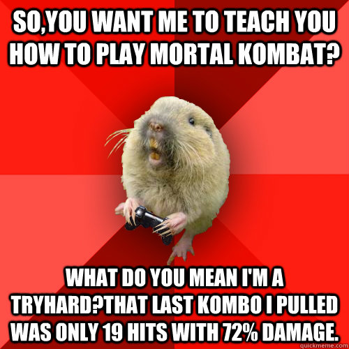 so,you want me to teach you how to play mortal kombat? What do you mean i'm a tryhard?that last kombo i pulled was only 19 hits with 72% damage.  Gaming Gopher