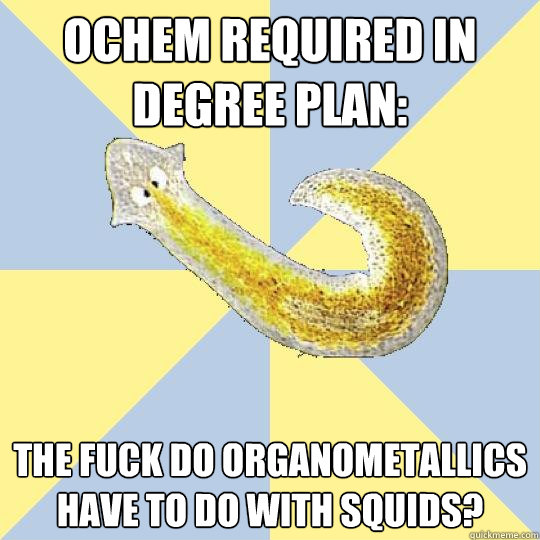 Ochem required in degree plan: the fuck do organometallics have to do with squids?  Bio Major Planarian