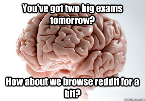 You've got two big exams tomorrow? How about we browse reddit for a bit?   Scumbag Brain