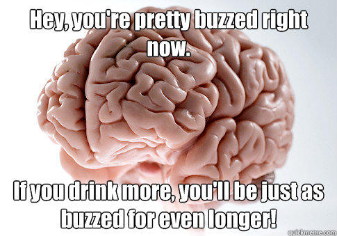 Hey, you're pretty buzzed right now. If you drink more, you'll be just as buzzed for even longer! - Hey, you're pretty buzzed right now. If you drink more, you'll be just as buzzed for even longer!  Scumbag Brain