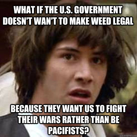 What if the U.s. Government doesn't wan't to make weed legal  Because they want us to fight their wars rather than be pacifists?  conspiracy keanu