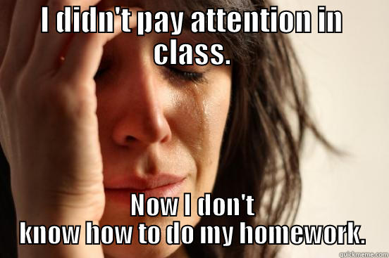 attention in class - I DIDN'T PAY ATTENTION IN CLASS. NOW I DON'T KNOW HOW TO DO MY HOMEWORK. First World Problems