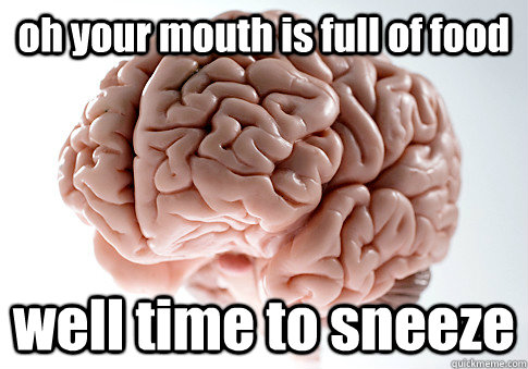 oh your mouth is full of food  well time to sneeze  Scumbag Brain