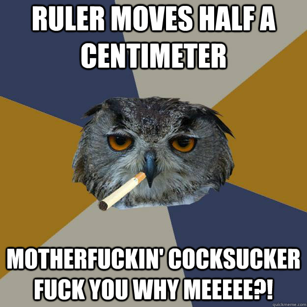 Ruler moves half a centimeter MOtherfuckin' cocksucker fuck you why meeeee?!  Art Student Owl