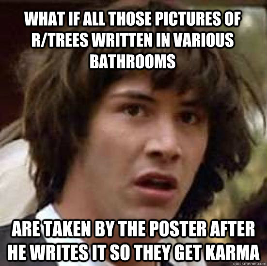 What if all those pictures of r/trees written in various bathrooms are taken by the poster after he writes it so they get karma  conspiracy keanu