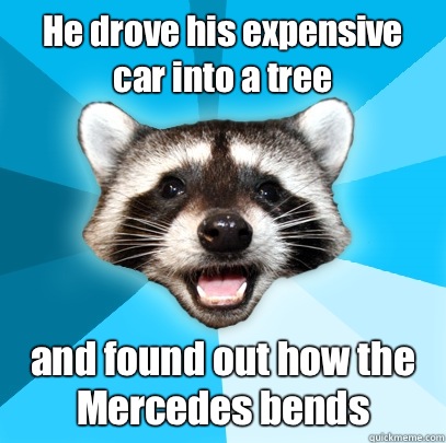 He drove his expensive car into a tree	 and found out how the Mercedes bends - He drove his expensive car into a tree	 and found out how the Mercedes bends  Lame Pun Coon