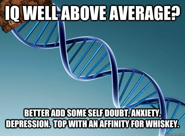 IQ Well above average? Better add some self doubt, anxiety, depression.  Top with an affinity for whiskey.  