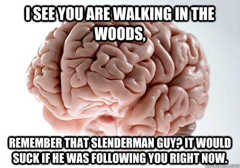 I see you are walking in the woods, Remember that slenderman guy? It would suck if he was following you right now.   Scumbag Brain