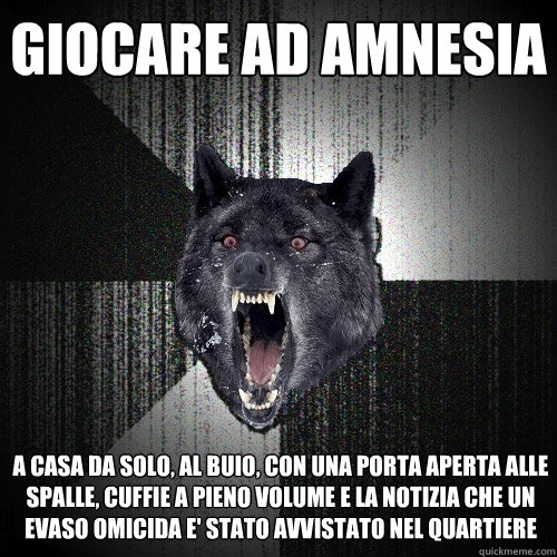 giocare ad amnesia a casa da solo, al buio, con una porta aperta alle spalle, cuffie a pieno volume e la notizia che un evaso omicida e' stato avvistato nel quartiere  Insanity Wolf