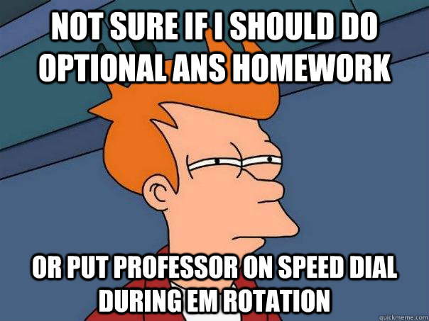 Not sure if I should do optional ANS homework Or put professor on speed dial during EM rotation - Not sure if I should do optional ANS homework Or put professor on speed dial during EM rotation  Futurama Fry