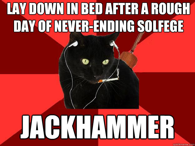 Lay down in bed after a rough day of never-ending solfege jackhammer  Berklee Cat