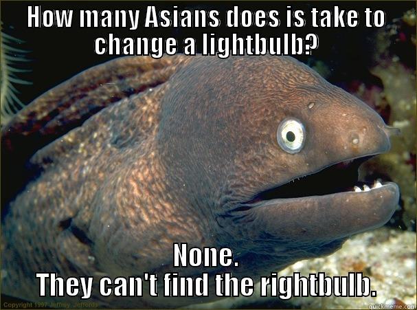 HOW MANY ASIANS DOES IS TAKE TO CHANGE A LIGHTBULB? NONE. THEY CAN'T FIND THE RIGHTBULB. Bad Joke Eel