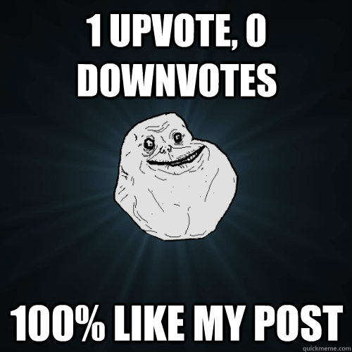 1 upvote, 0 Downvotes 100% like my post - 1 upvote, 0 Downvotes 100% like my post  Forever Alone