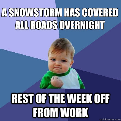 a snowstorm has covered all roads overnight rest of the week off from work  Success Kid