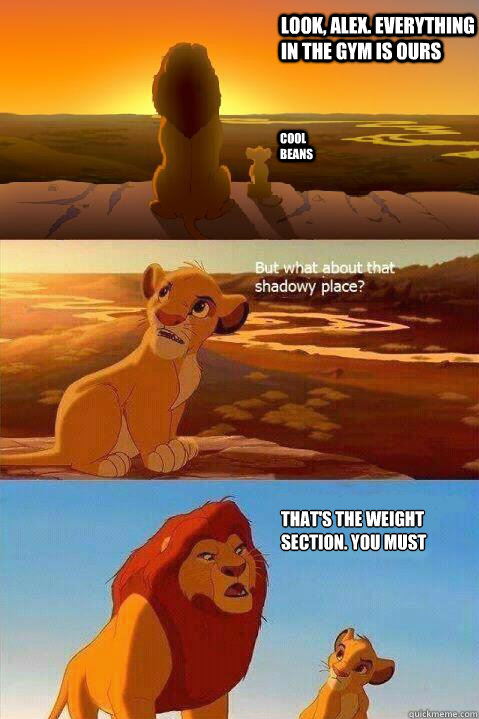 Look, Alex. Everything in the gym is ours Cool beans That's the weight section. You must never go there, Alex.   Lion King Shadowy Place