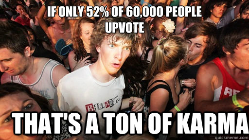 If only 52% of 60,000 people 
upvote That's a ton of karma  Sudden Clarity Clarence