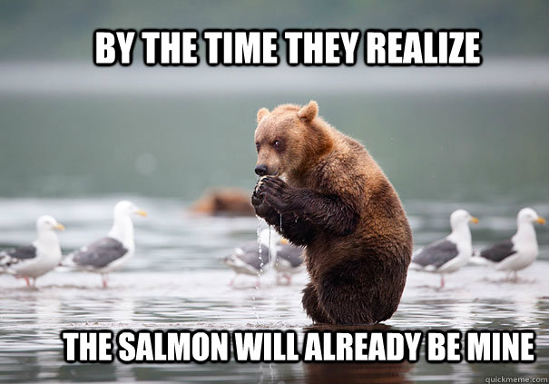 By the time they realize  The salmon will already be mine  Evil Plotting Bear