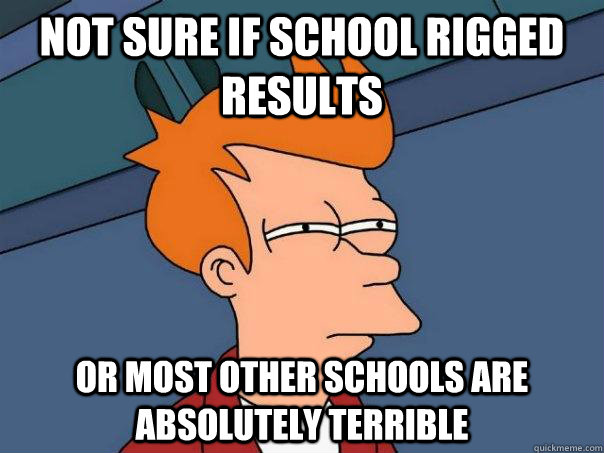 Not sure if school rigged results Or most other schools are absolutely terrible  Futurama Fry