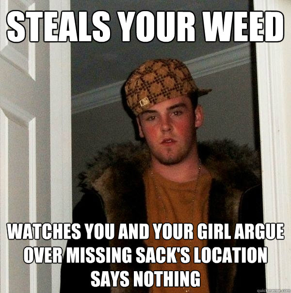 Steals your weed Watches you and your girl argue over missing sack's location
says nothing  Scumbag Steve