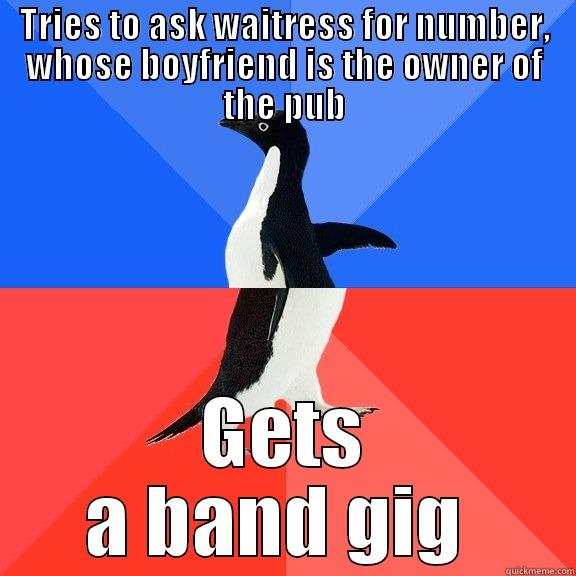 TRIES TO ASK WAITRESS FOR NUMBER, WHOSE BOYFRIEND IS THE OWNER OF THE PUB GETS A BAND GIG  Socially Awkward Awesome Penguin