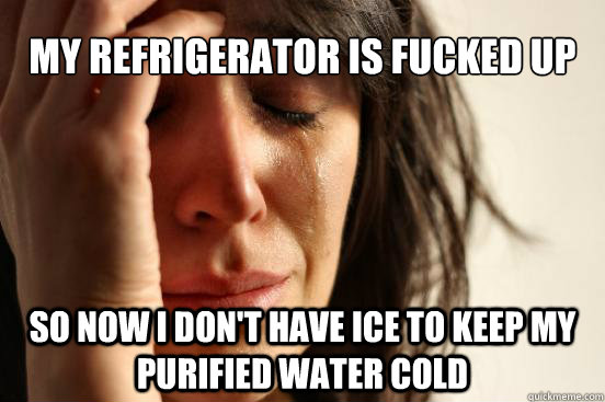 My refrigerator is fucked up So now i don't have ice to keep my purified water cold  First World Problems