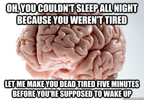 Oh, you couldn't sleep all night because you weren't tired Let me make you dead tired five minutes before you're supposed to wake up  Scumbag Brain