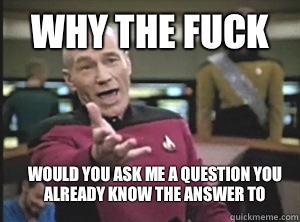 why the fuck Would you ask me a question you already know the answer to  Annoyed Picard