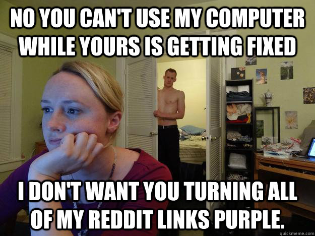 No you can't use my computer while yours is getting fixed I don't want you turning all of my reddit links purple. - No you can't use my computer while yours is getting fixed I don't want you turning all of my reddit links purple.  Redditors Husband