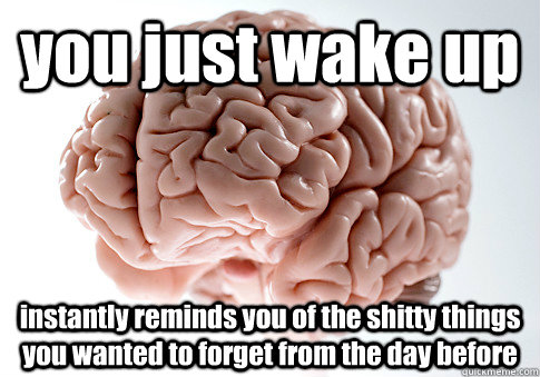 you just wake up instantly reminds you of the shitty things you wanted to forget from the day before   Scumbag Brain