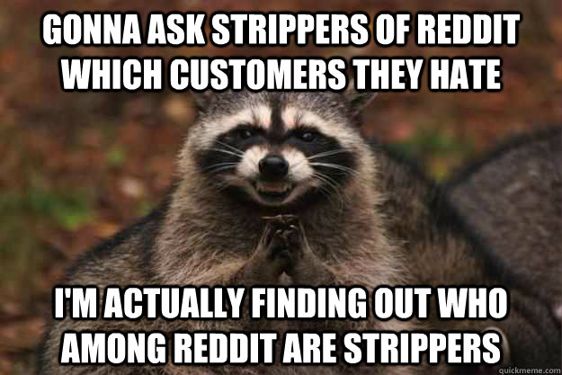 gonna ask strippers of reddit which customers they hate i'm actually finding out who among reddit are strippers - gonna ask strippers of reddit which customers they hate i'm actually finding out who among reddit are strippers  Evil Plotting Raccoon