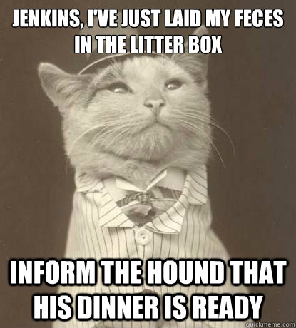 Jenkins, I've just laid my feces in the litter box inform the hound that his dinner is ready  Aristocat