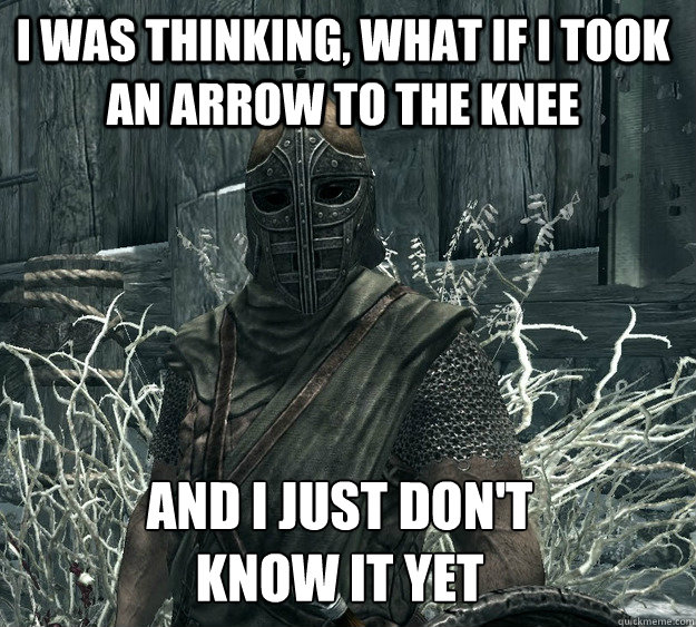 I was thinking, what if i took an arrow to the knee And i just don't 
know it yet  Skyrim Guard