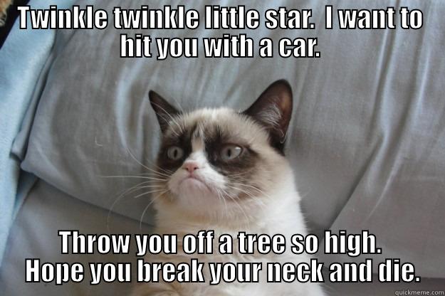 Grumpy Cat's rendition of Twinkle Twinkle Little Star. - TWINKLE TWINKLE LITTLE STAR.  I WANT TO HIT YOU WITH A CAR. THROW YOU OFF A TREE SO HIGH.  HOPE YOU BREAK YOUR NECK AND DIE. Grumpy Cat