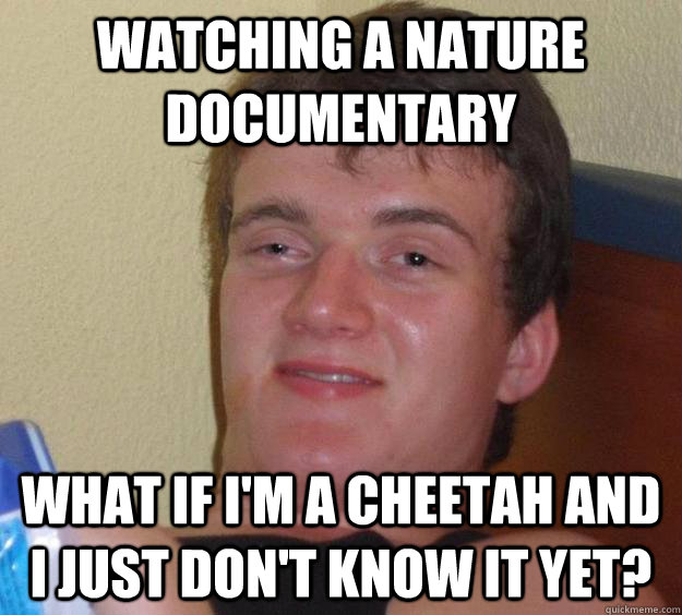 Watching a nature documentary what if I'm a cheetah and I just don't know it yet?  10 Guy